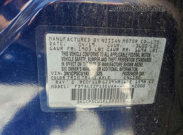 3N1CP5CU1KL523525 2019 NISSAN KICKS Blue Vista interior de 360 grados