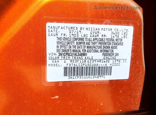 3N1CP5CU1KL548991 2019 NISSAN KICKS Orange Вид підкапотного простору