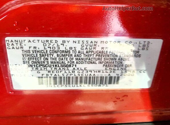 3N1CP5CU1KL550871 2019 NISSAN KICKS Red Widok naklejki z numerem VIN