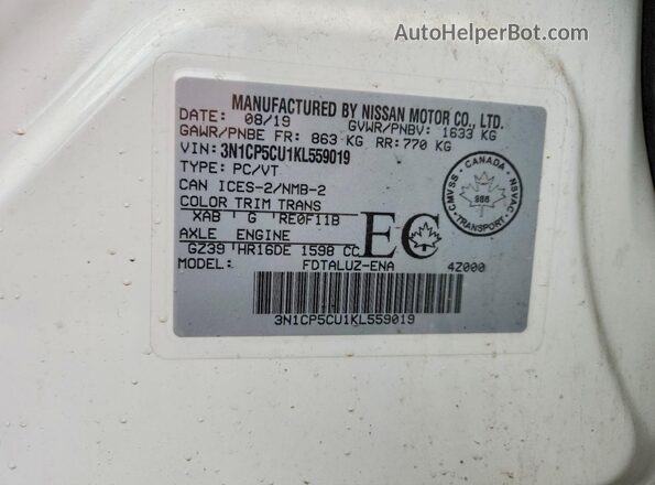 3N1CP5CU1KL559019 2019 NISSAN KICKS White Vista del compartimento del motor