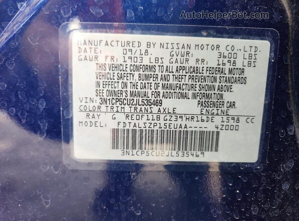 3N1CP5CU2JL535469 2018 NISSAN KICKS Blue Vista de la etiqueta del VIN