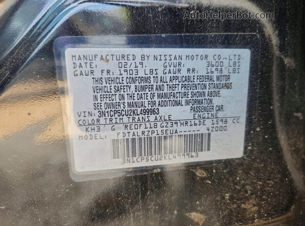 3N1CP5CU2KL499963 2019 NISSAN KICKS Black Вид наклейки з VIN-кодом