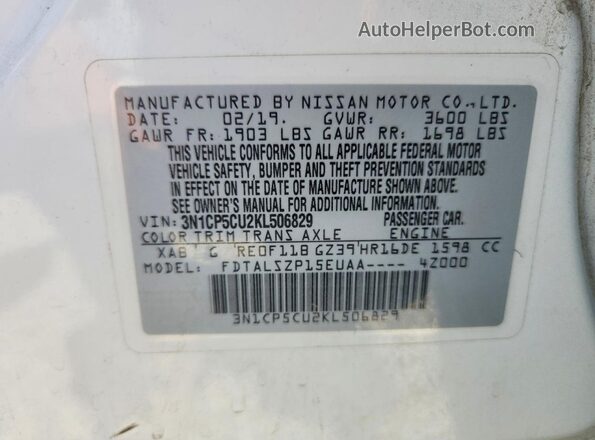 3N1CP5CU2KL506829 2019 NISSAN KICKS White VIN կոդի պիտակի տեսք