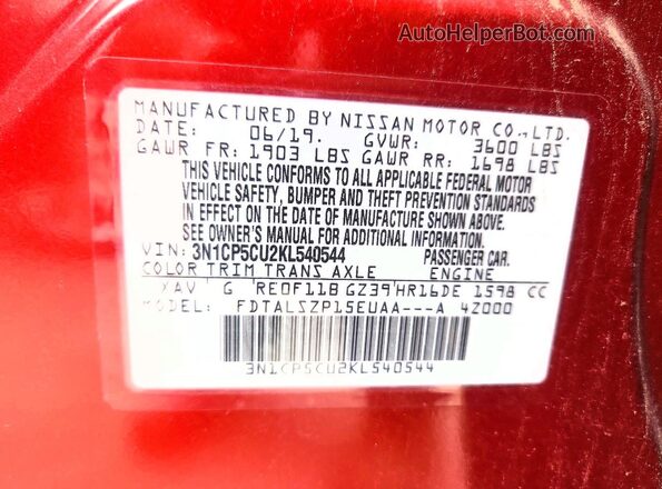 3N1CP5CU2KL540544 2019 NISSAN KICKS Red VIN კოდის სტიკერის ხედი