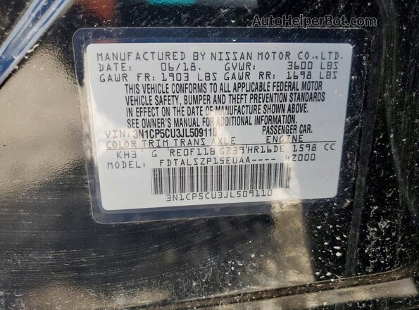3N1CP5CU3JL509110 2018 NISSAN KICKS Black Вид наклейки з VIN-кодом