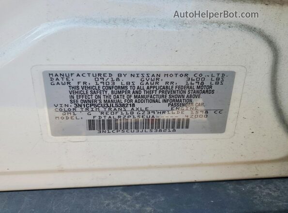 3N1CP5CU3JL538218 2018 NISSAN KICKS White Widok naklejki z numerem VIN