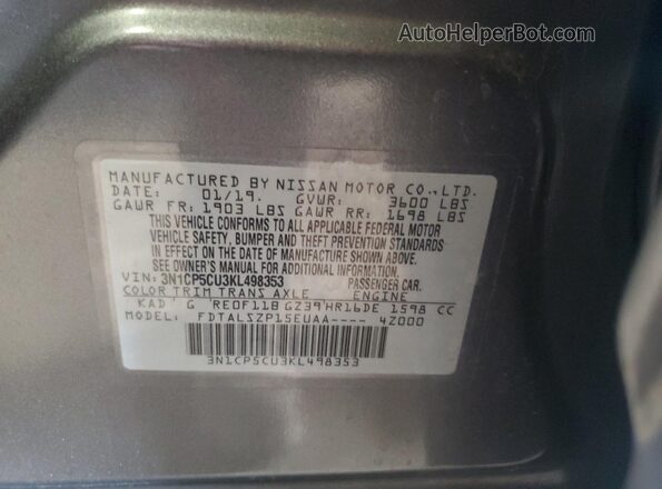 3N1CP5CU3KL498353 2019 NISSAN KICKS Gray Engine compartment view