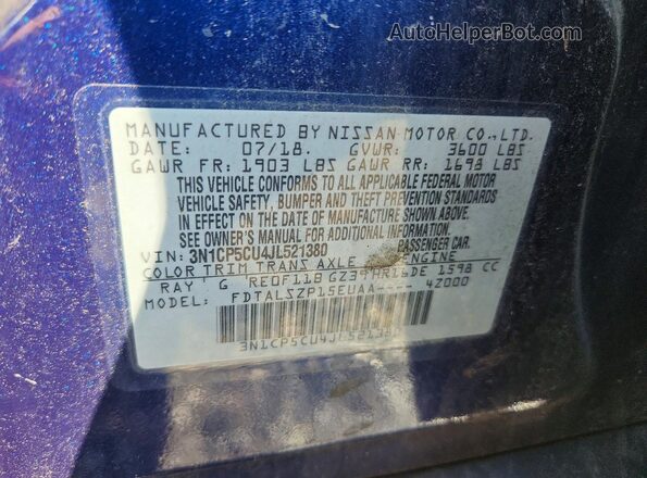 3N1CP5CU4JL521380 2018 NISSAN KICKS Blue VIN կոդի պիտակի տեսք