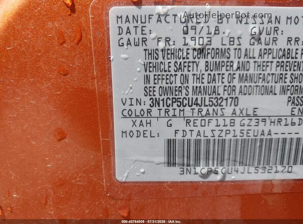 3N1CP5CU4JL532170 2018 NISSAN KICKS Orange Engine compartment view