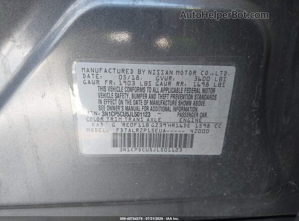 3N1CP5CU5JL501123 2018 NISSAN KICKS Gray Շարժիչի բաժամունքի տեսք