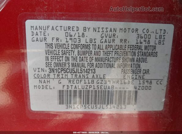 3N1CP5CU5JL514213 2018 NISSAN KICKS Red Engine compartment view