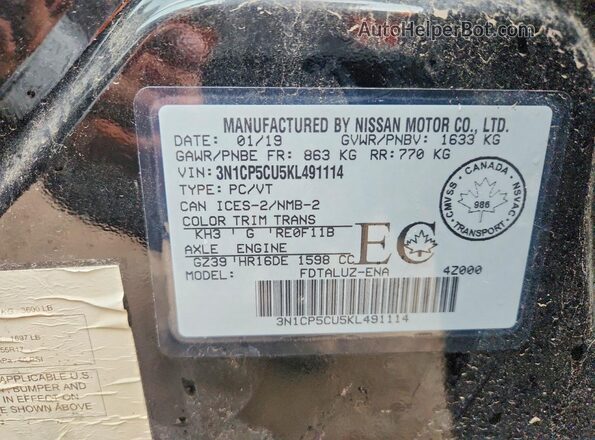 3N1CP5CU5KL491114 2019 NISSAN KICKS Black VIN კოდის სტიკერის ხედი