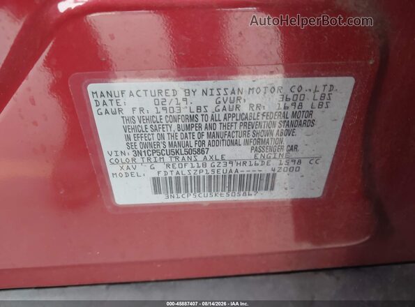 3N1CP5CU5KL505867 2019 NISSAN KICKS Maroon Widok komory silnika