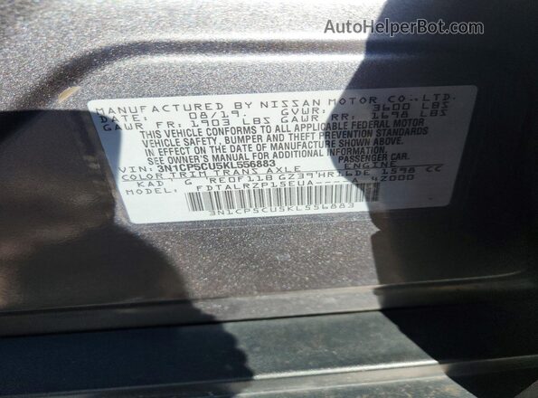 3N1CP5CU5KL556883 2019 NISSAN KICKS Угольный Вид наклейки с VIN-кодом