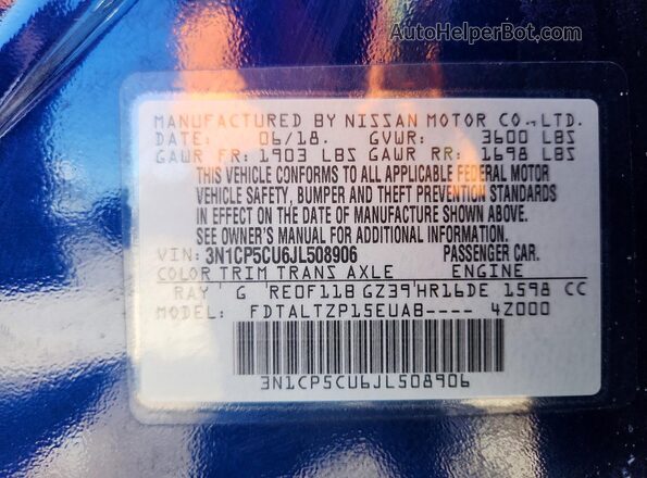 3N1CP5CU6JL508906 2018 NISSAN KICKS Blue VIN კოდის სტიკერის ხედი