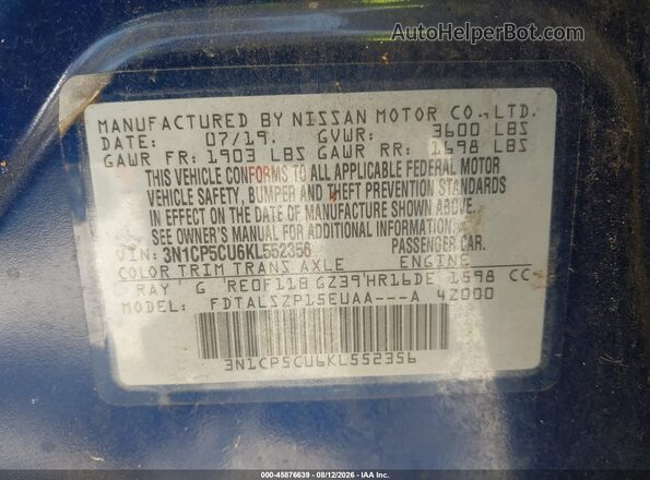 3N1CP5CU6KL552356 2019 NISSAN KICKS Blue Vista del compartimento del motor