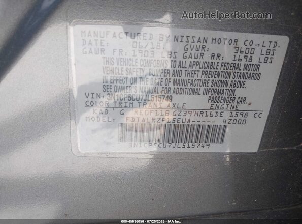 3N1CP5CU7JL515749 2018 NISSAN KICKS Gray Engine compartment view