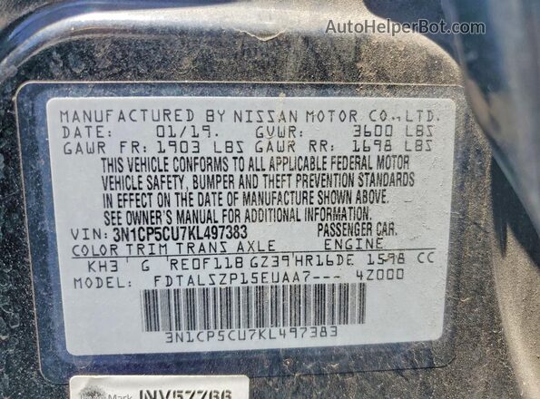 3N1CP5CU7KL497383 2019 NISSAN KICKS Черный Вид наклейки с VIN-кодом