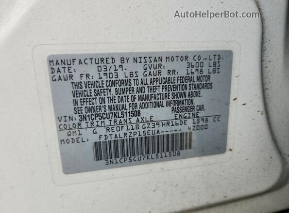 3N1CP5CU7KL511508 2019 NISSAN KICKS Белый Вид наклейки с VIN-кодом