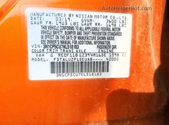 3N1CP5CU7KL518183 2019 NISSAN KICKS Orange VIN sticker view