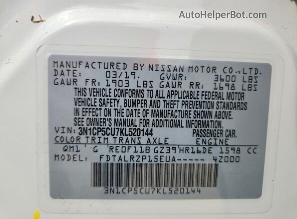 3N1CP5CU7KL520144 2019 NISSAN KICKS White Widok wnętrza 360 stopni