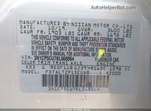 3N1CP5CU7KL568064 2019 NISSAN KICKS Silver Engine compartment view
