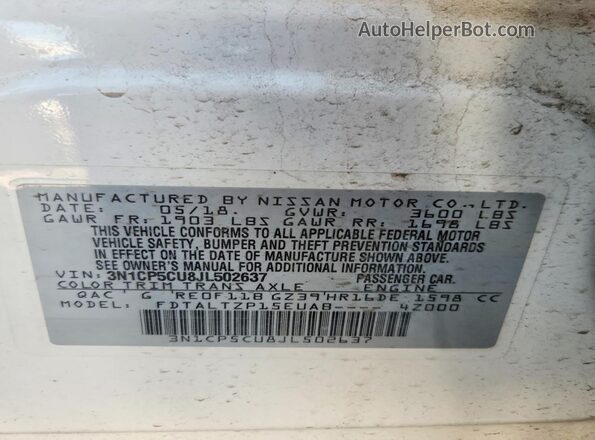 3N1CP5CU8JL502637 2018 NISSAN KICKS White VIN კოდის სტიკერის ხედი