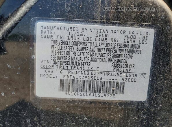 3N1CP5CU8JL514772 2018 NISSAN KICKS Black VIN կոդի պիտակի տեսք