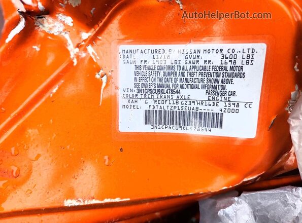 3N1CP5CU9KL478544 2019 NISSAN KICKS Orange Вид наклейки з VIN-кодом