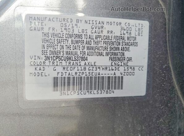 3N1CP5CU9KL537804 2019 NISSAN KICKS Gray VIN sticker view