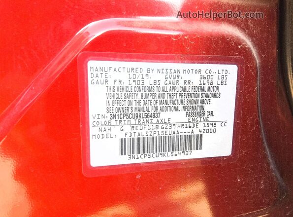 3N1CP5CU9KL564937 2019 NISSAN KICKS Red Vista de la etiqueta del VIN