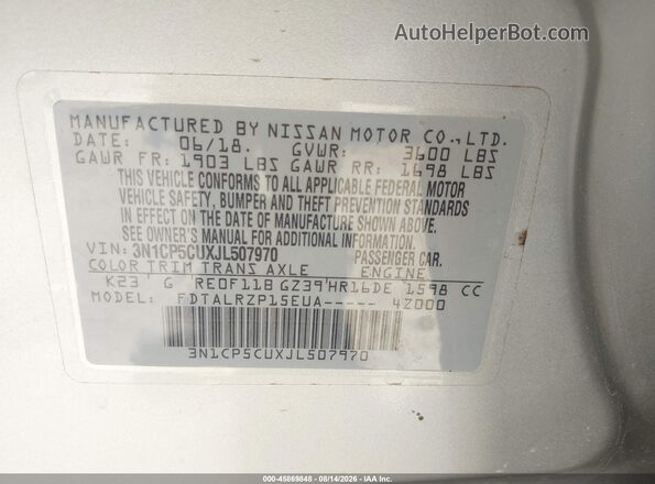 3N1CP5CUXJL507970 2018 NISSAN KICKS Silver Vista del compartimento del motor