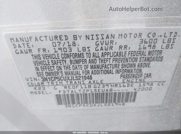 3N1CP5CUXJL521948 2018 NISSAN KICKS Silver Widok komory silnika