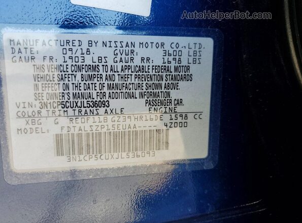 3N1CP5CUXJL536093 2018 NISSAN KICKS Синий Вид наклейки с VIN-кодом