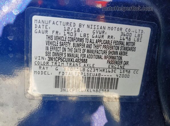 3N1CP5CUXKL482988 2019 NISSAN KICKS Blue VIN կոդի պիտակի տեսք