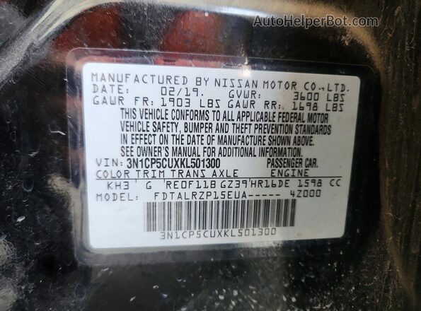 3N1CP5CUXKL501300 2019 NISSAN KICKS Black Вид наклейки з VIN-кодом