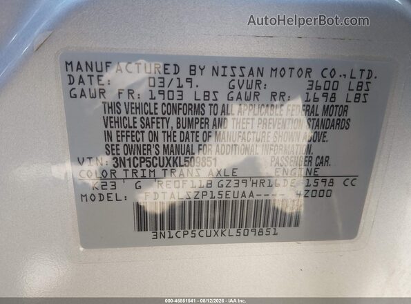 3N1CP5CUXKL509851 2019 NISSAN KICKS Silver Vista del compartimento del motor