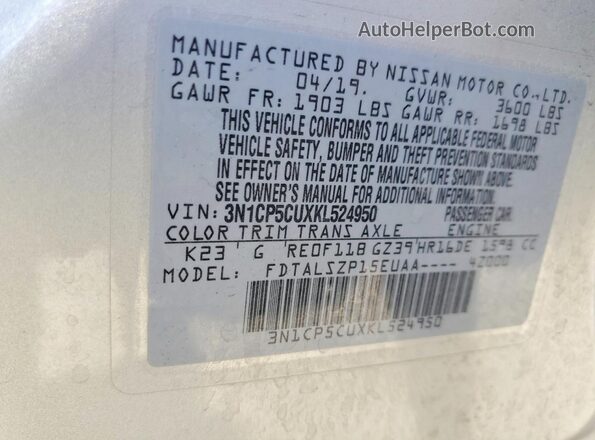3N1CP5CUXKL524950 2019 NISSAN KICKS Silver VIN კოდის სტიკერის ხედი