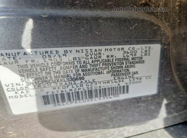 3N1CP5CUXKL535690 2019 NISSAN KICKS Gray VIN კოდის სტიკერის ხედი