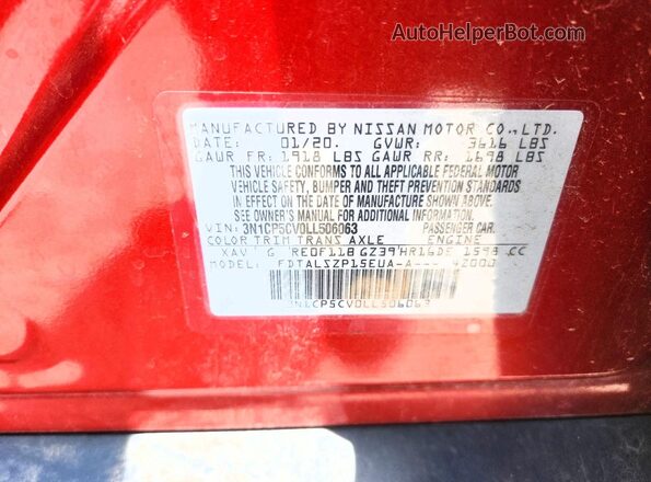 3N1CP5CV0LL506063 2020 NISSAN KICKS Red Widok naklejki z numerem VIN