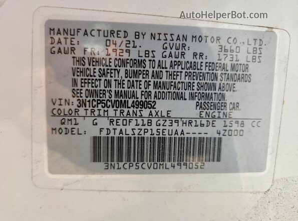 3N1CP5CV0ML499052 2021 NISSAN KICKS White Widok komory silnika
