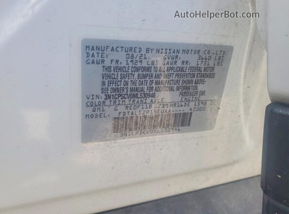 3N1CP5CV0ML530946 2021 NISSAN KICKS White VIN կոդի պիտակի տեսք
