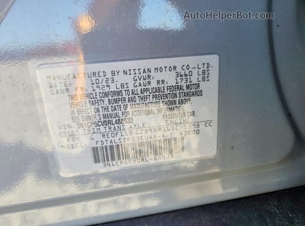 3N1CP5CV0RL488933 2024 NISSAN KICKS Gray Widok naklejki z numerem VIN