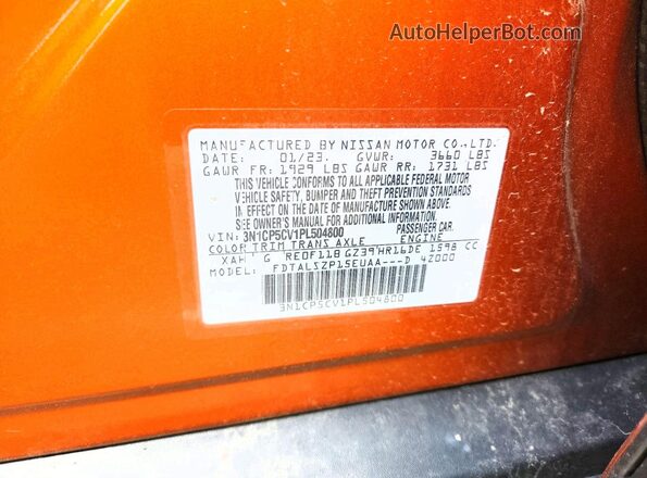 3N1CP5CV1PL504800 2023 NISSAN KICKS Оранжевый Вид наклейки с VIN-кодом