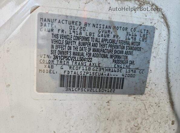 3N1CP5CV2LL504122 2020 NISSAN KICKS White VIN კოდის სტიკერის ხედი