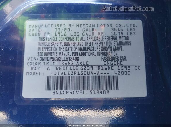 3N1CP5CV2LL518408 2020 NISSAN KICKS Blue Engine compartment view