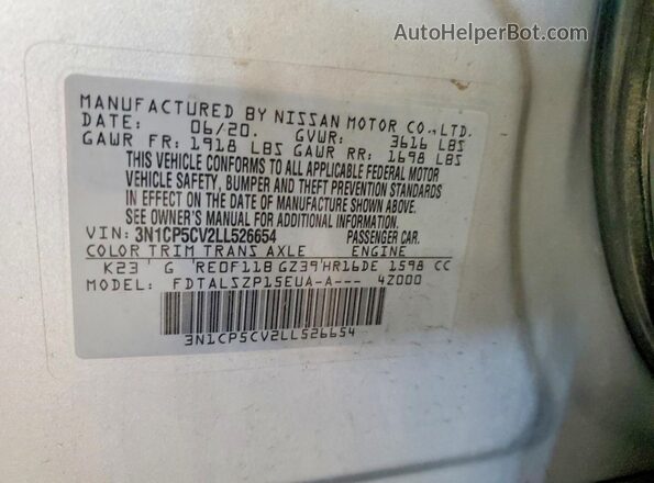 3N1CP5CV2LL526654 2020 NISSAN KICKS Silver Vista de la etiqueta del VIN