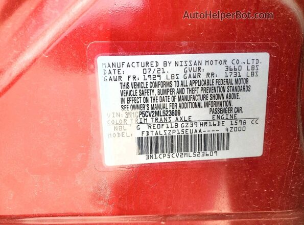 3N1CP5CV2ML523609 2021 NISSAN KICKS Red Вид наклейки з VIN-кодом