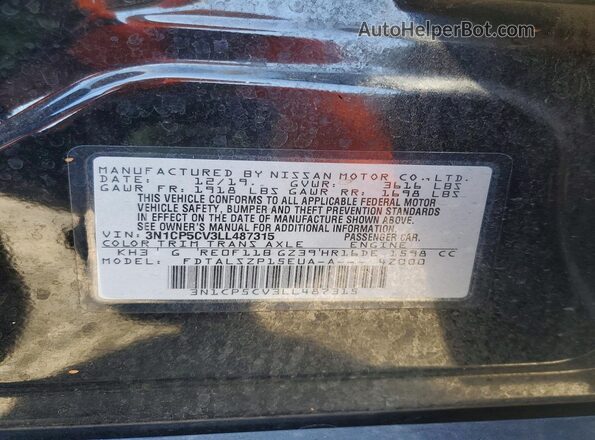 3N1CP5CV3LL487315 2020 NISSAN KICKS Черный Вид наклейки с VIN-кодом