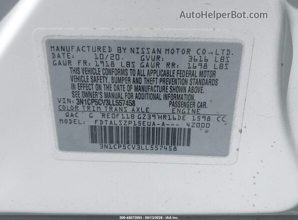 3N1CP5CV3LL557458 2020 NISSAN KICKS White Vista del compartimento del motor